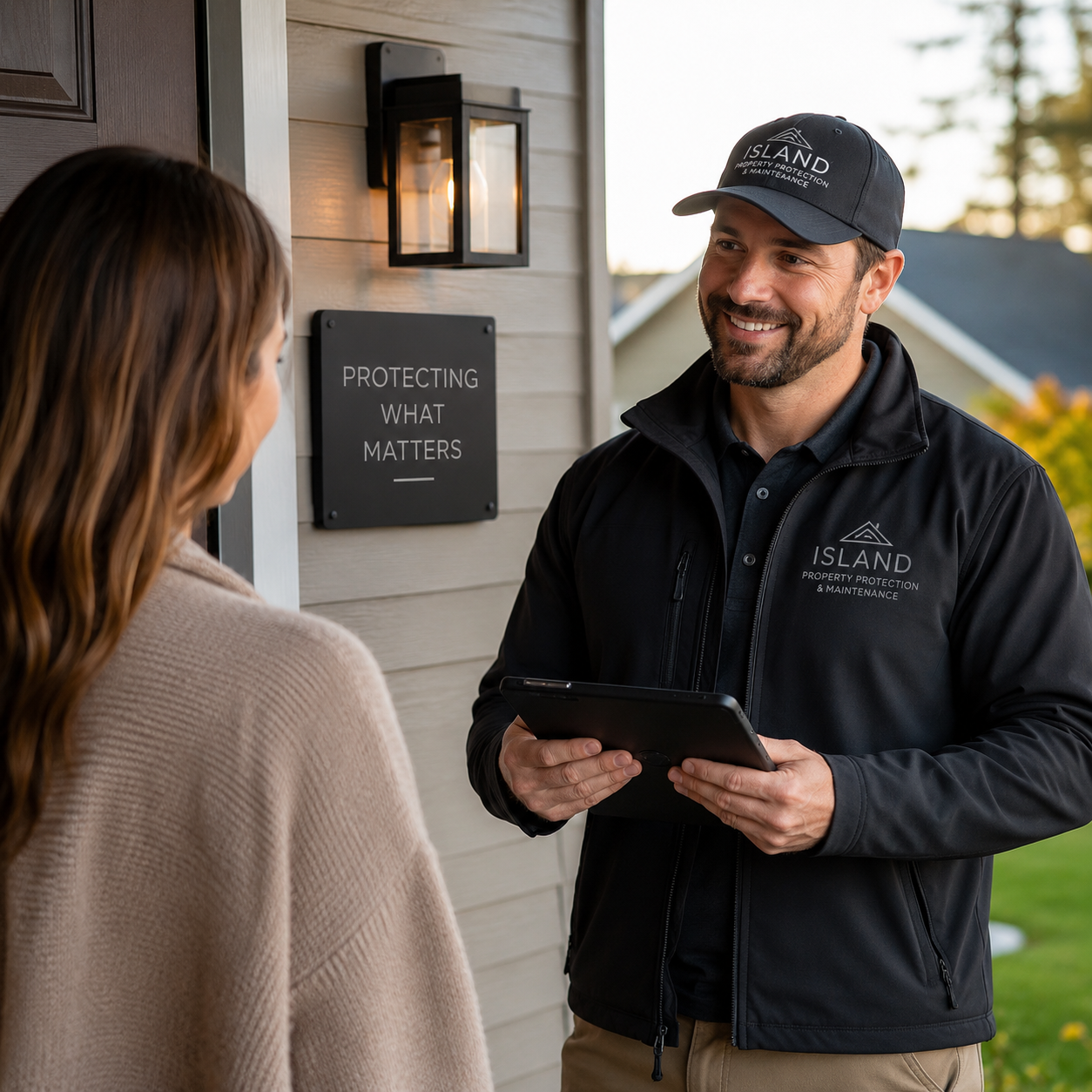 “Local property protection specialist discussing home oversight services with PEI homeowner”