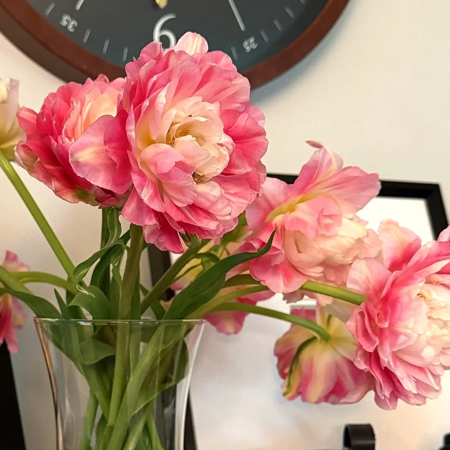 vase of double-blooming tulips in shades of pink and white on a shelf with decor in the background