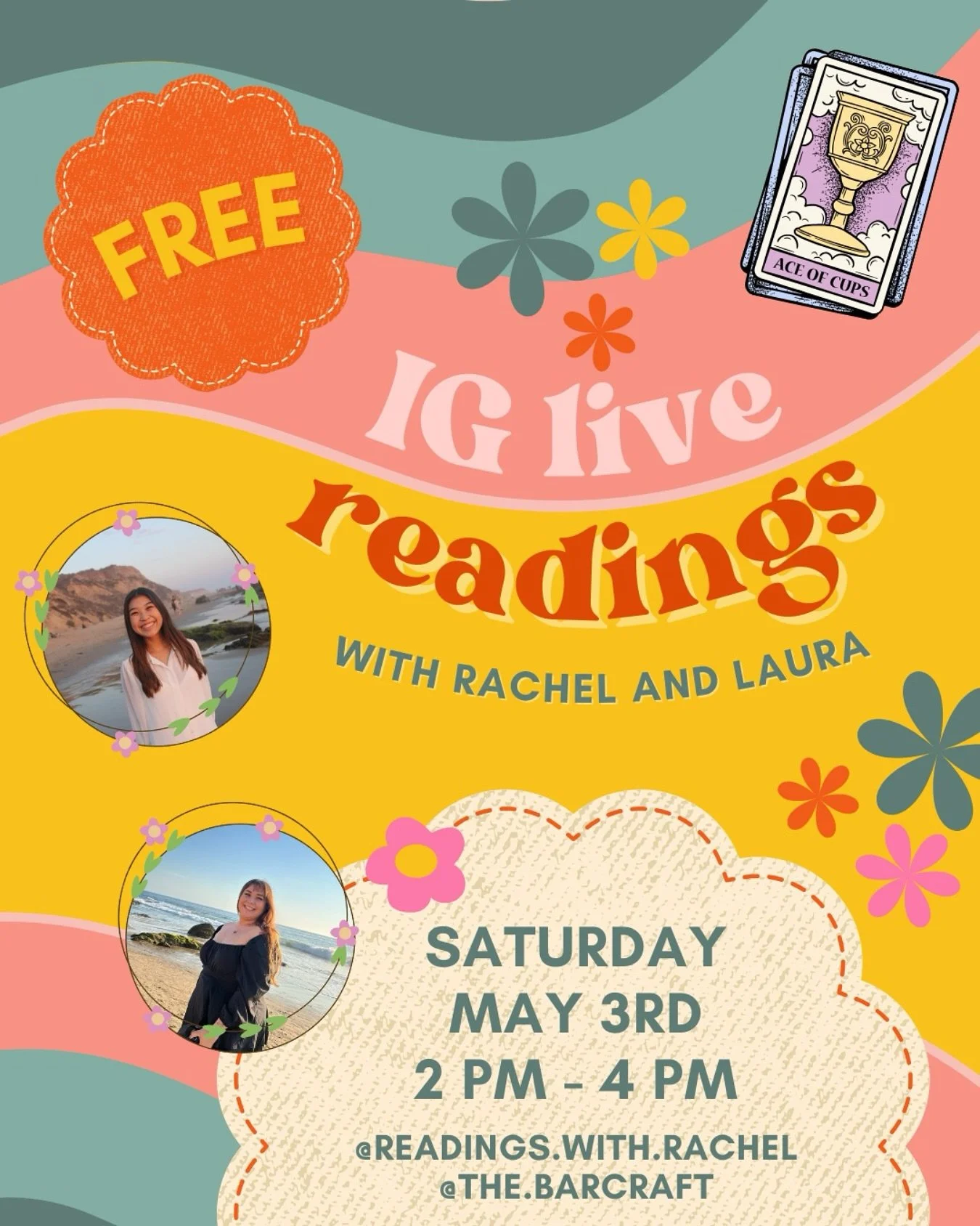 🌻 MAY 3 (2PM - 4PM): FREE PSYCHIC READINGS ON IG LIVE 🌻

Laura ( @the.barcraft ) and Rachel ( @readings.with.rachel ) are back with another IG livestream where you can get FREE READINGS! Come watch our spiritual chaos on MAY 3 at 2PM!! See you ther