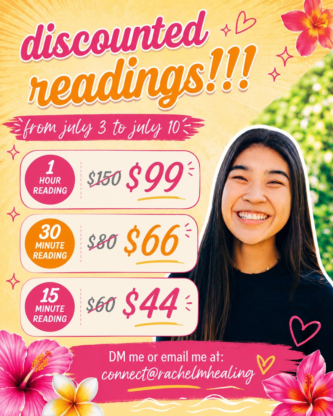 🌺 SUMMER READING SALE 🌺

DM me on IG or email me at connect@rachelmhealing to set up a reading from july 3 - 10!!

#psychic #psychicreading #psychicreader #tarot #tarotreadersofig
