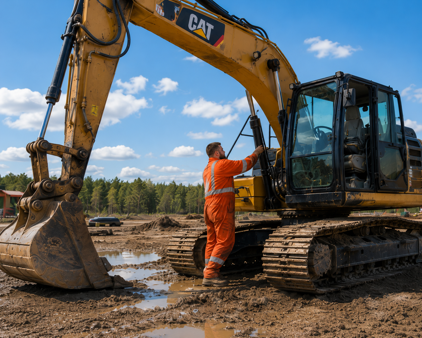 Un mécanicien en vêtements oranges répare un excavateur jaune sur un site de construction; service de mécanique mobile dans les Laurentides.