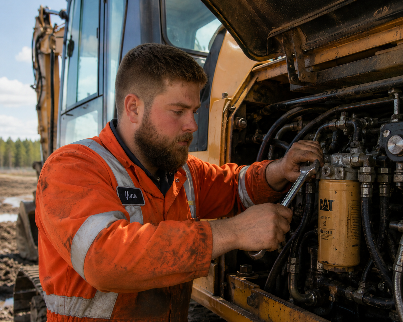 Un mécanicien d'engins de chantier portant une veste orange avec un badge portant le nom 'Yann' travaille sur le moteur d'une machine de chantier de couleur jaune en utilisant une clé à molette.