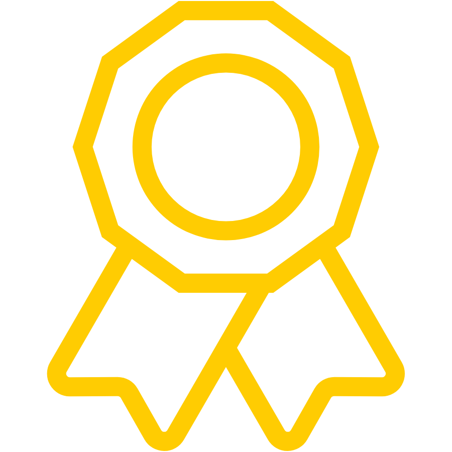 Une médaille en forme de rosette jaune représentant l'expertise de Yann Archambault de Solutions mécaniques Archambault inc.