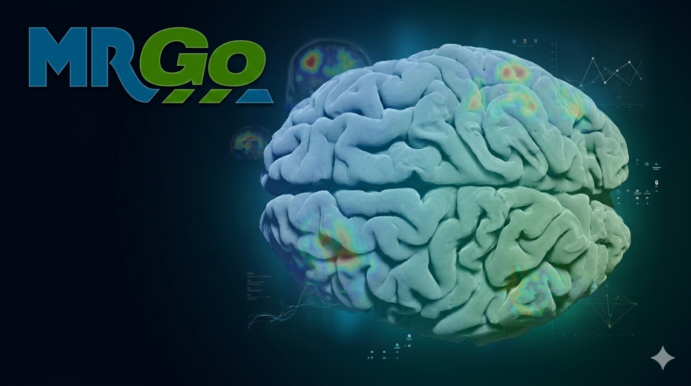 Digital illustration of a human brain with colorful data points and graphs in the background, with the text 'MRGO' in the upper left corner.