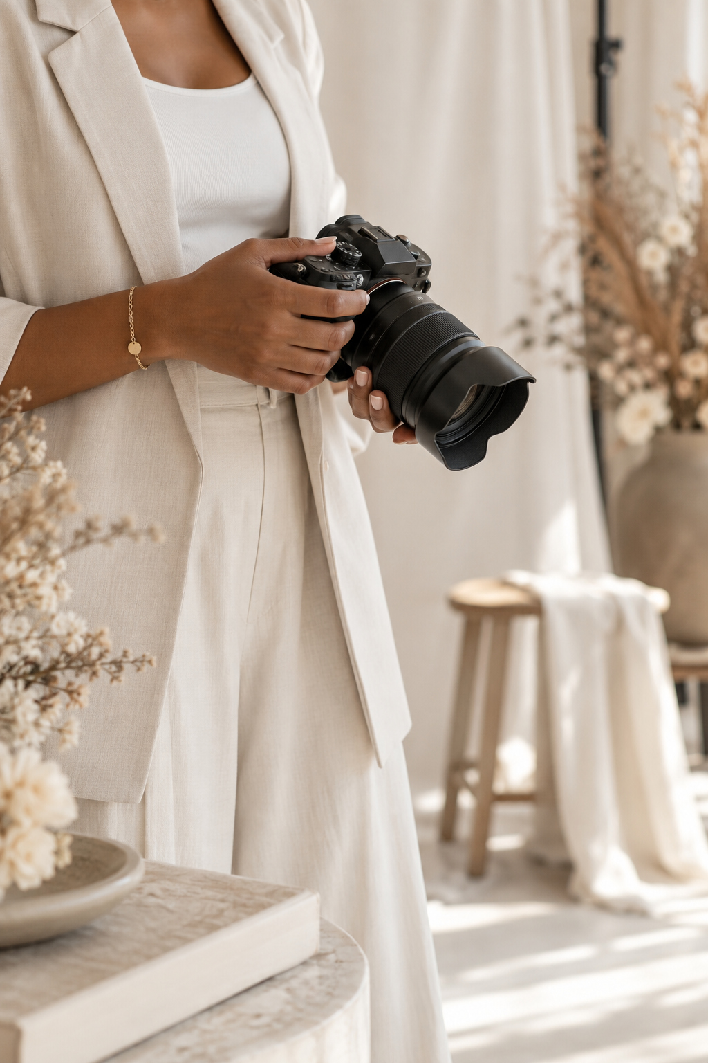 Photographer holding a professional camera in a softly lit neutral studio, with face outside the frame