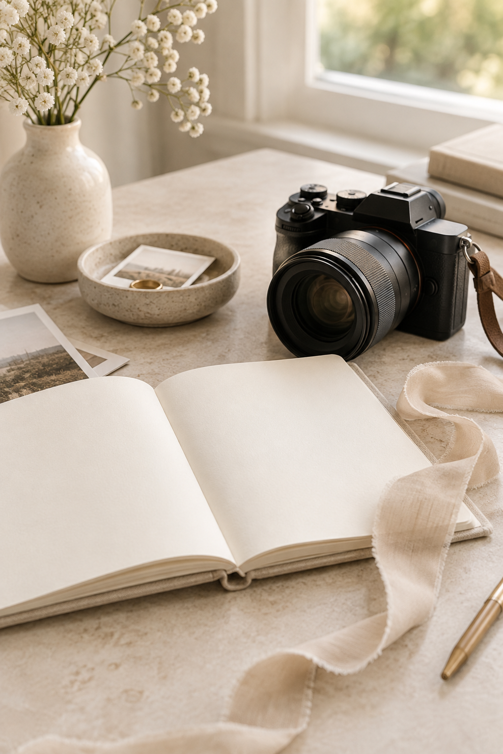 Camera, blank planning notebook, and neutral florals arranged for a portrait session inquiry
