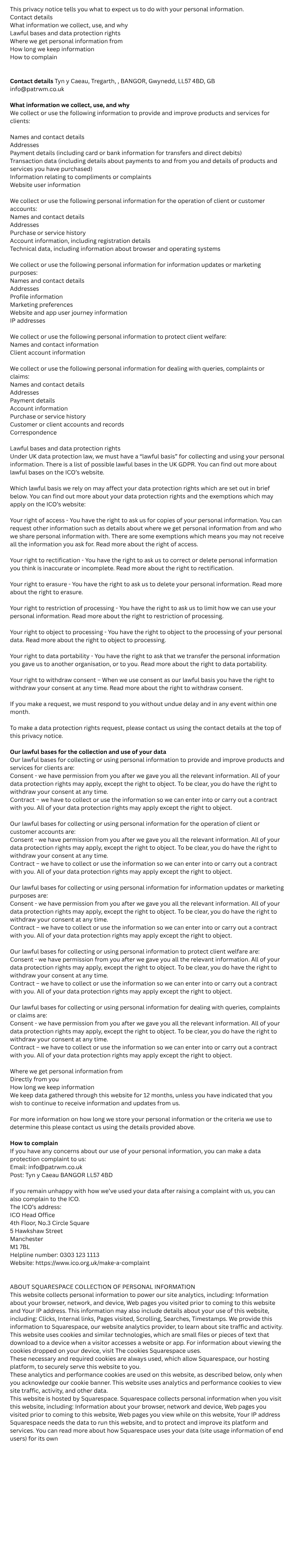 A document outlining privacy and data protection policies, including contact information, information collection purposes, user rights, and legal bases for data processing.