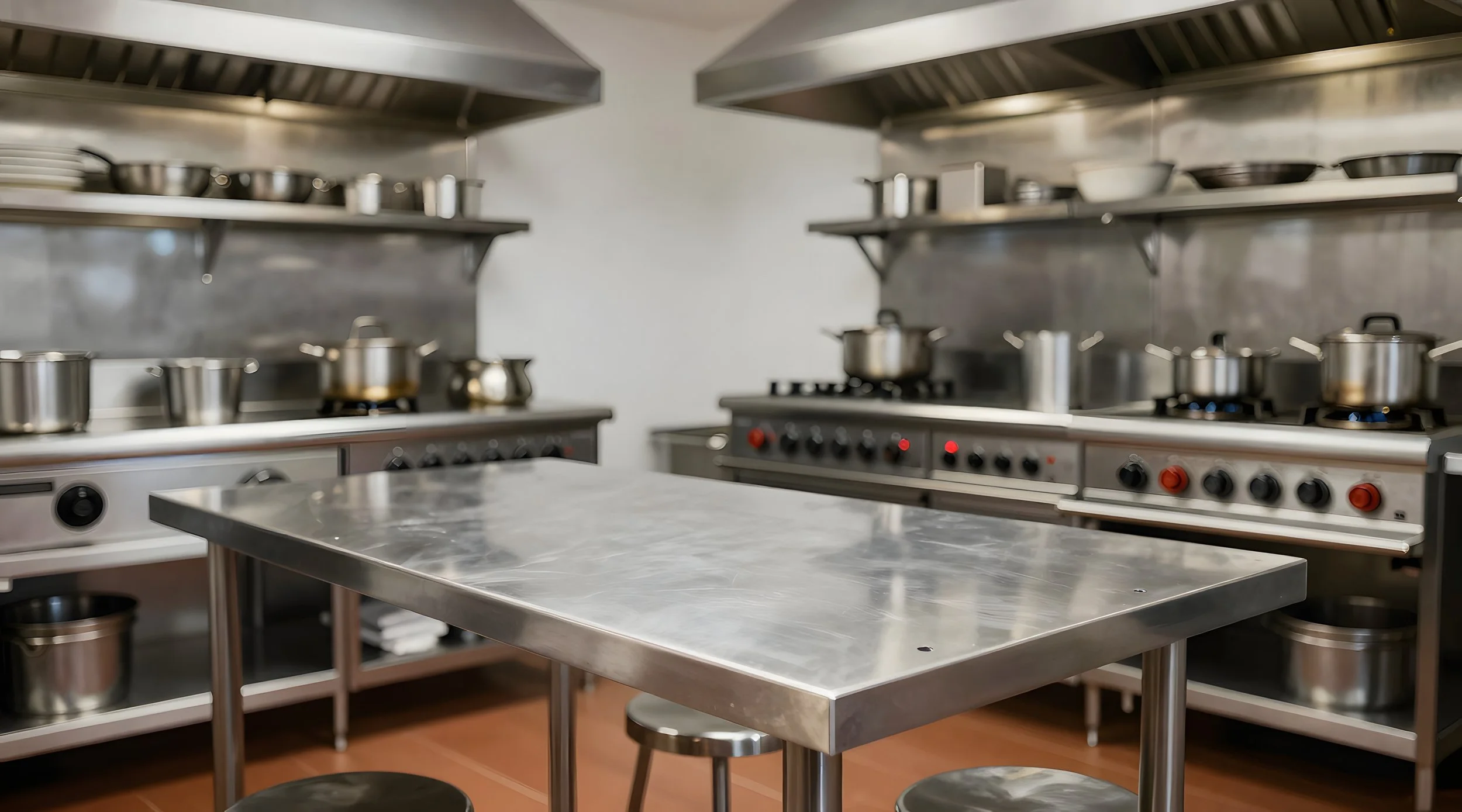 An immaculate, commercial-grade professional kitchen with stainless steel prep tables, industrial stoves, and high-capacity ventilation hoods for elite catering preparation.