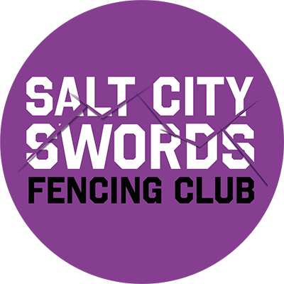 Salt City Swords Fencing Club logo with purple background and white and black text.