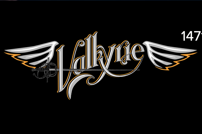 A logo with the word "Valyric" in stylized silver and black lettering, accented by white and orange wings on each side, against a black background with the number 147 on the top right.