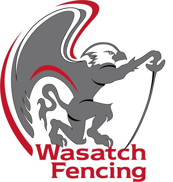 Logo of Wasatch Fencing featuring a stylized eagle with fencing gear, incorporating black, gray, white, and red colors.