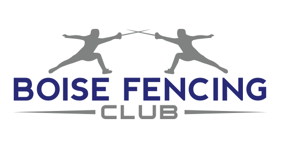 Logo of Boise Fencing Club featuring two gray fencers with swords crossing, and the club name in bold blue and gray text.
