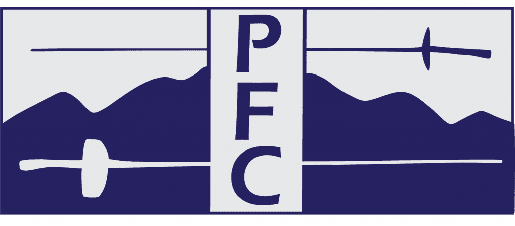 Design with mountain peaks, horizontal lines, and tools with the letters P, F, C, and another letter or symbol, possibly representing different tools or measurements.