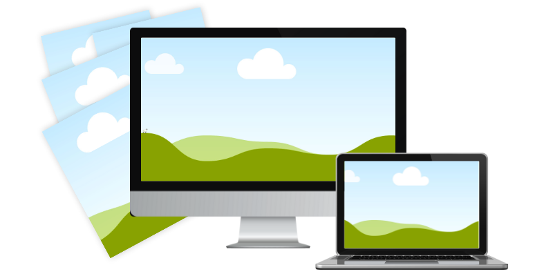 Illustration of a desktop computer and a laptop displaying a landscape with green hills, blue sky, and clouds, alongside printed photos of the same landscape.