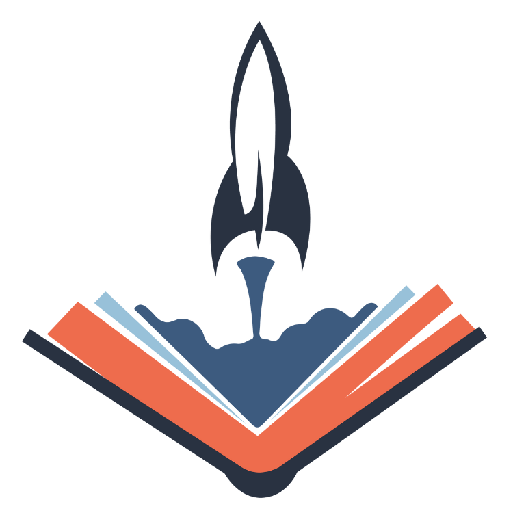 A stylized rocket launching upward from an open book, symbolizing knowledge and exploration.