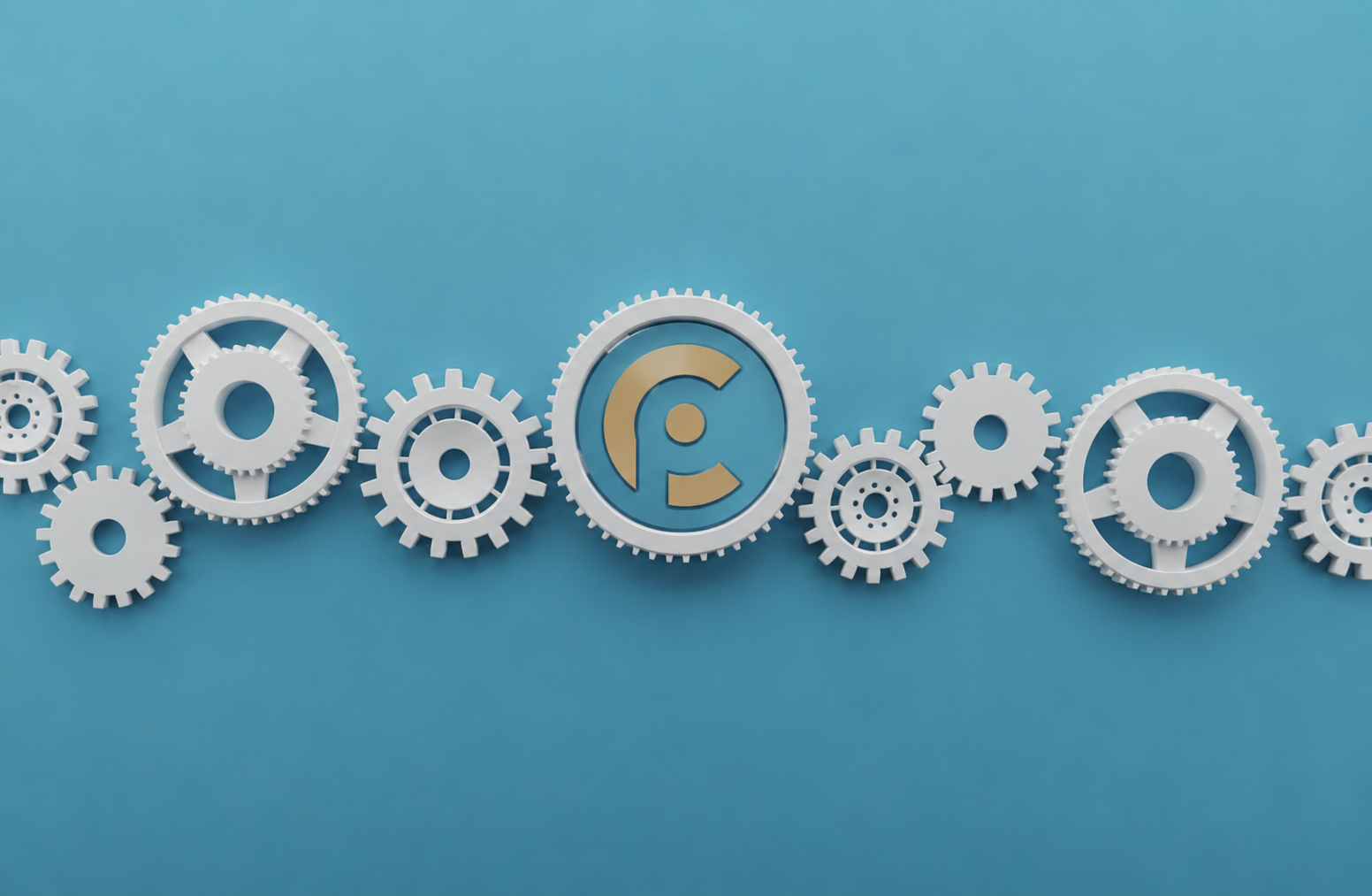 Arrangement of white gears with a central gear featuring a center point logo on a blue background.