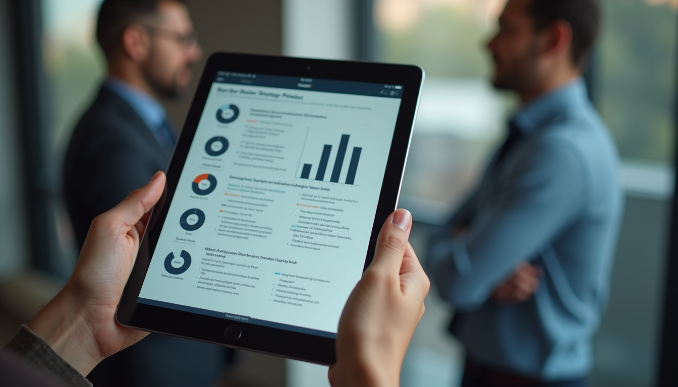 Person holding a tablet displaying business charts and data, with two men in business attire in the background.