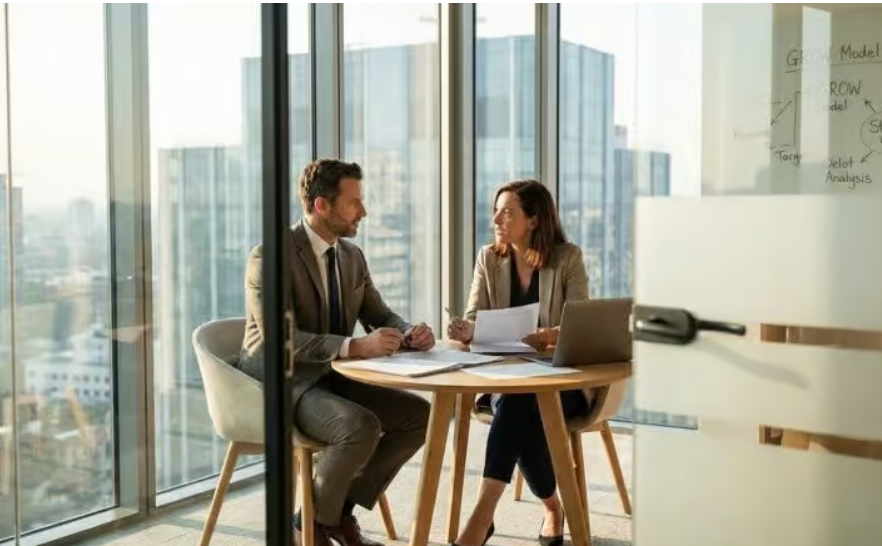 Two business professionals, a man and a woman, are sitting at a round table in a modern office with large glass windows overlooking a cityscape. They are engaged in a conversation, with papers and a laptop on the table.