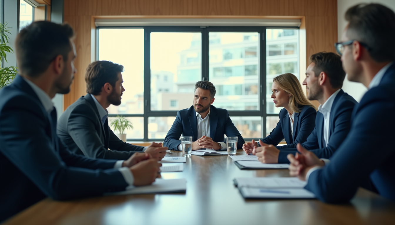 Business meeting with seven professionals in formal suits sitting around a conference table in a modern office with large windows and city view.
