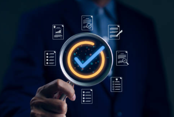 Person in business suit interacts with a digital interface displaying checkmarks and various digital documents or analytics icons.