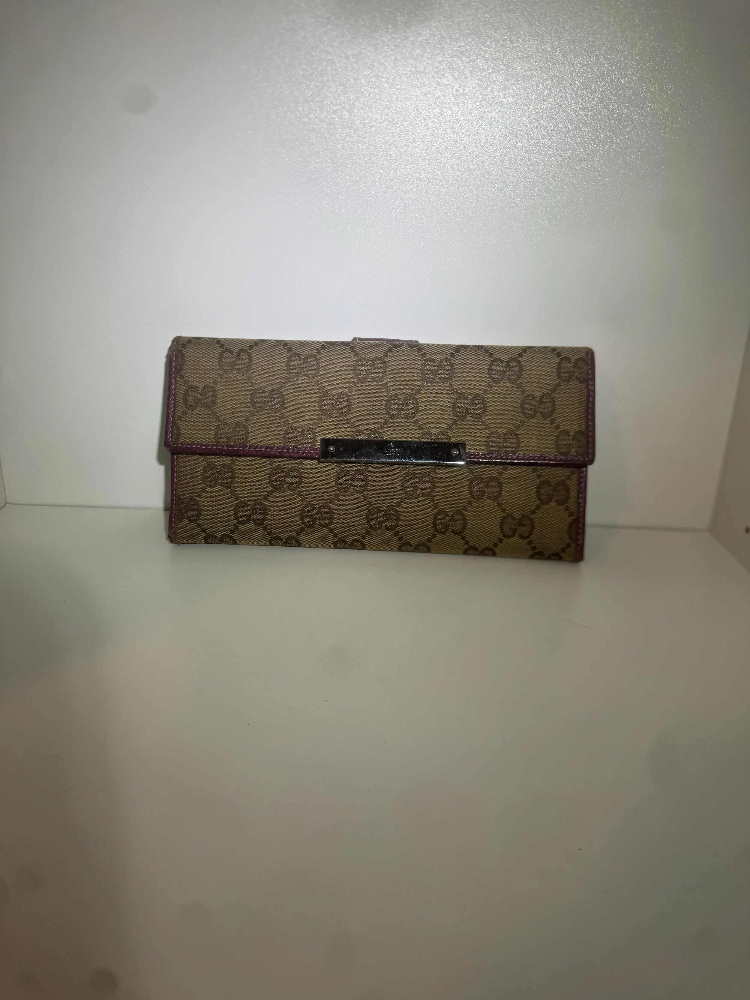 Gucci GG Canvas Monogram Long Wallet Snap with Hot Purple Interior