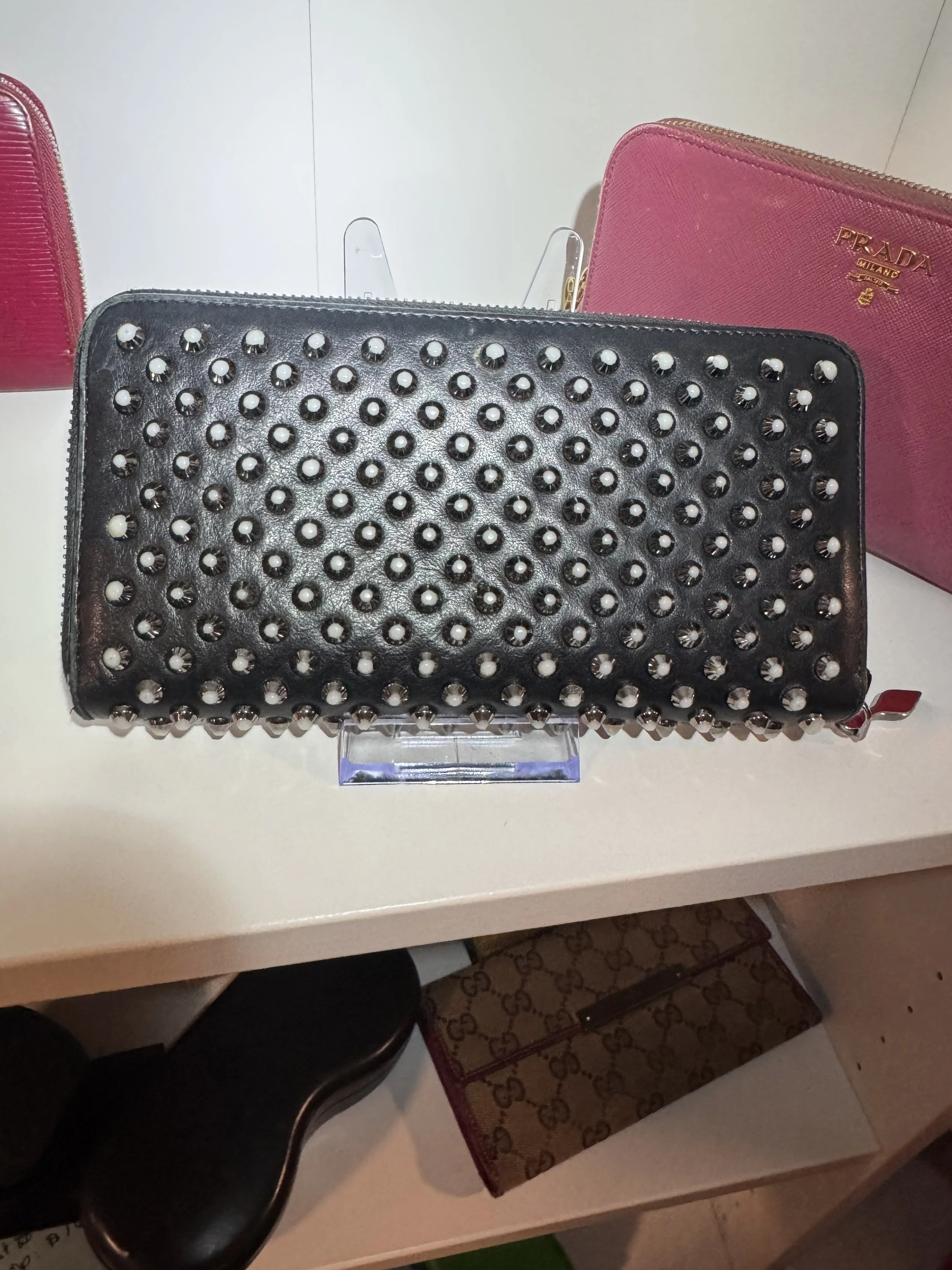 Christian Louboutin Black Spiked Panettone Wallet Red Interior