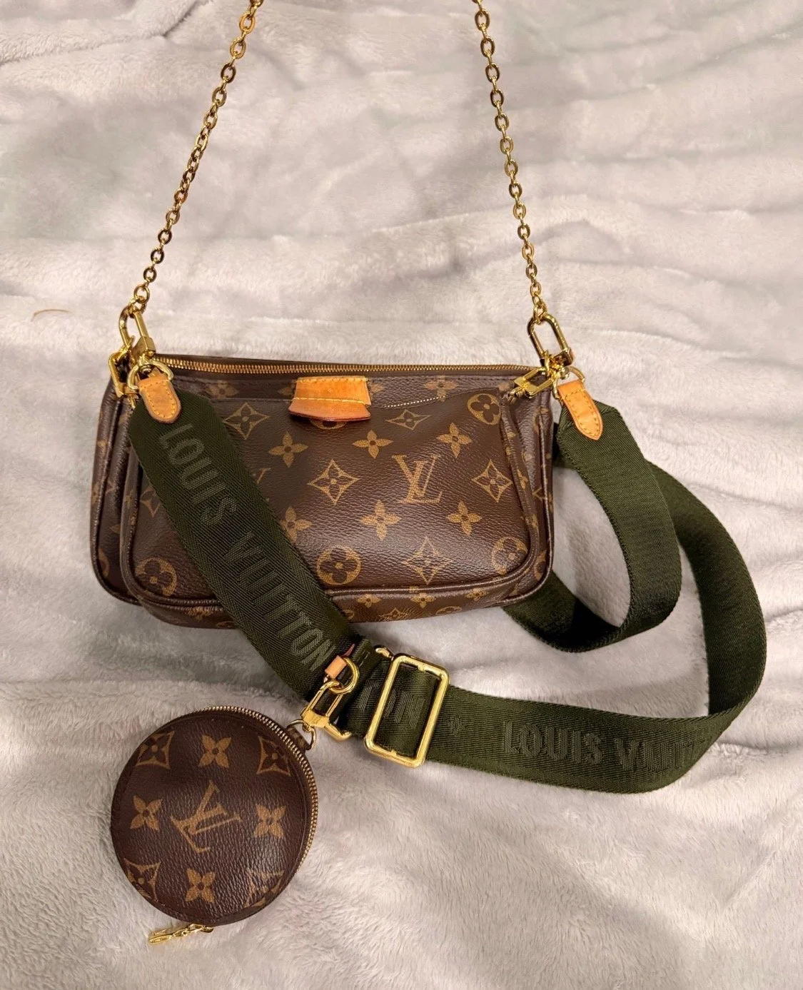 LV Multi Poshette with Gold Strap and Army Green Guitar Strap