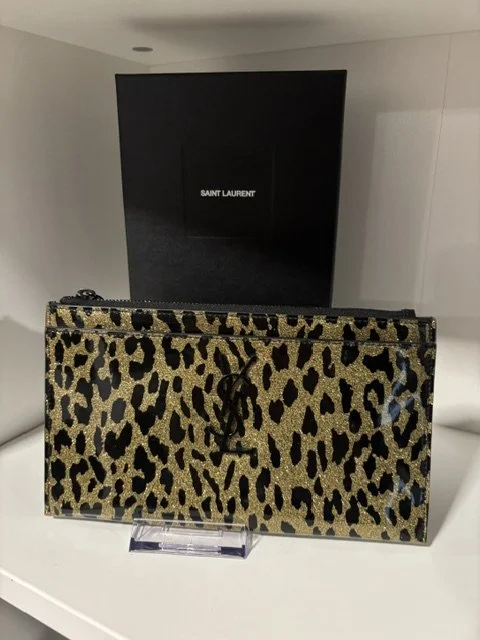 Saint Laurent Leopard Print Glitter Zip Pouch/Clutch/Wallet