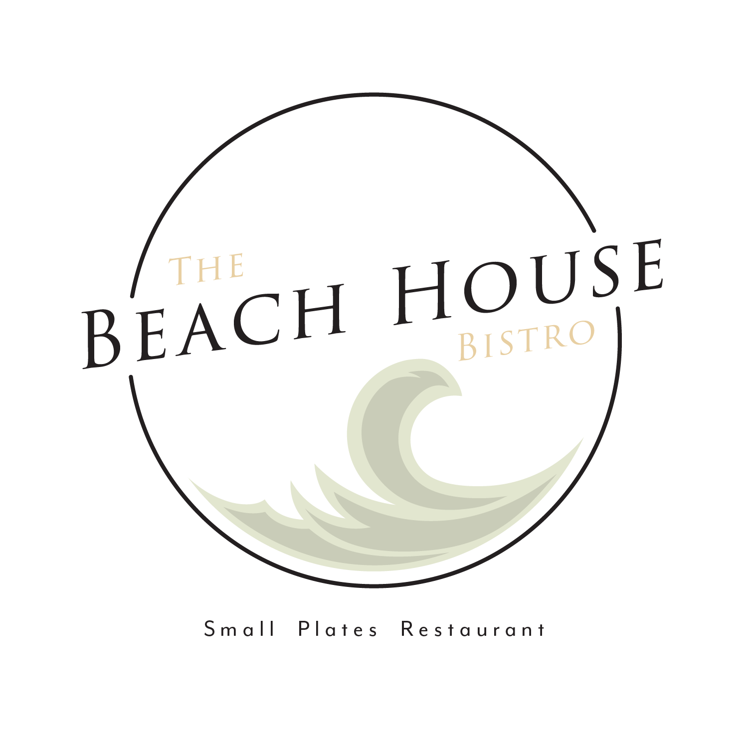 Logo for 'The Beach House Bistro,' a small plates restaurant, featuring a stylized wave and circular design.