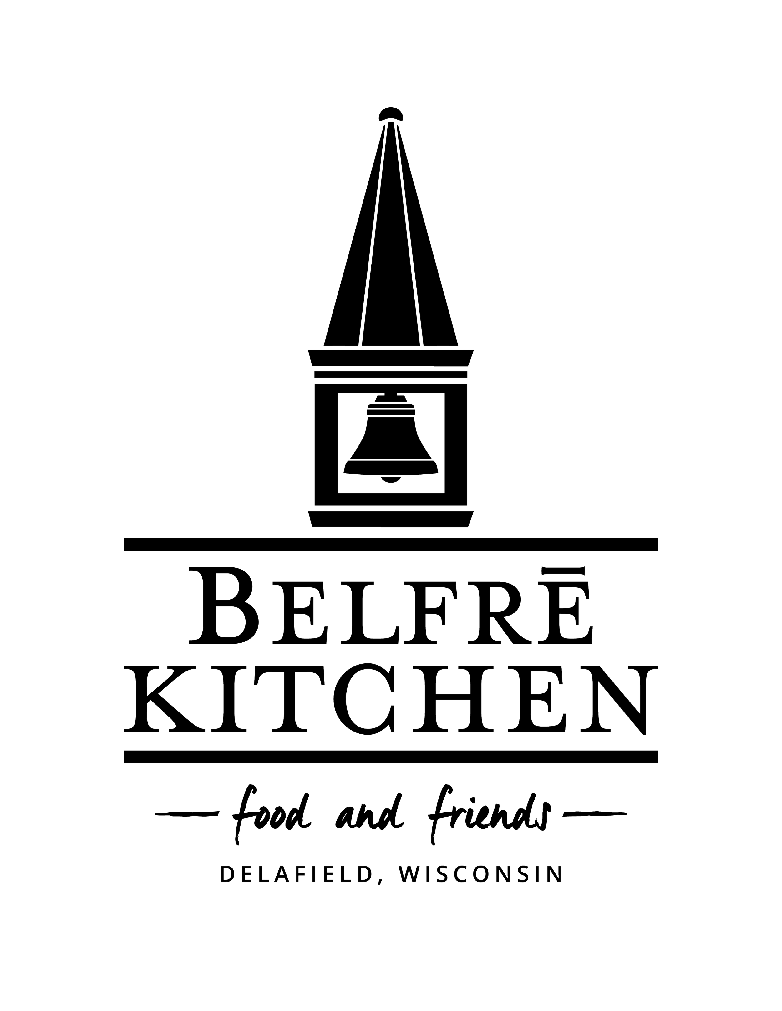 Logo of Beltré Kitchen, featuring a lighthouse with a bell, and text indicating it's a restaurant in Delafield, Wisconsin, emphasizing food and friends.