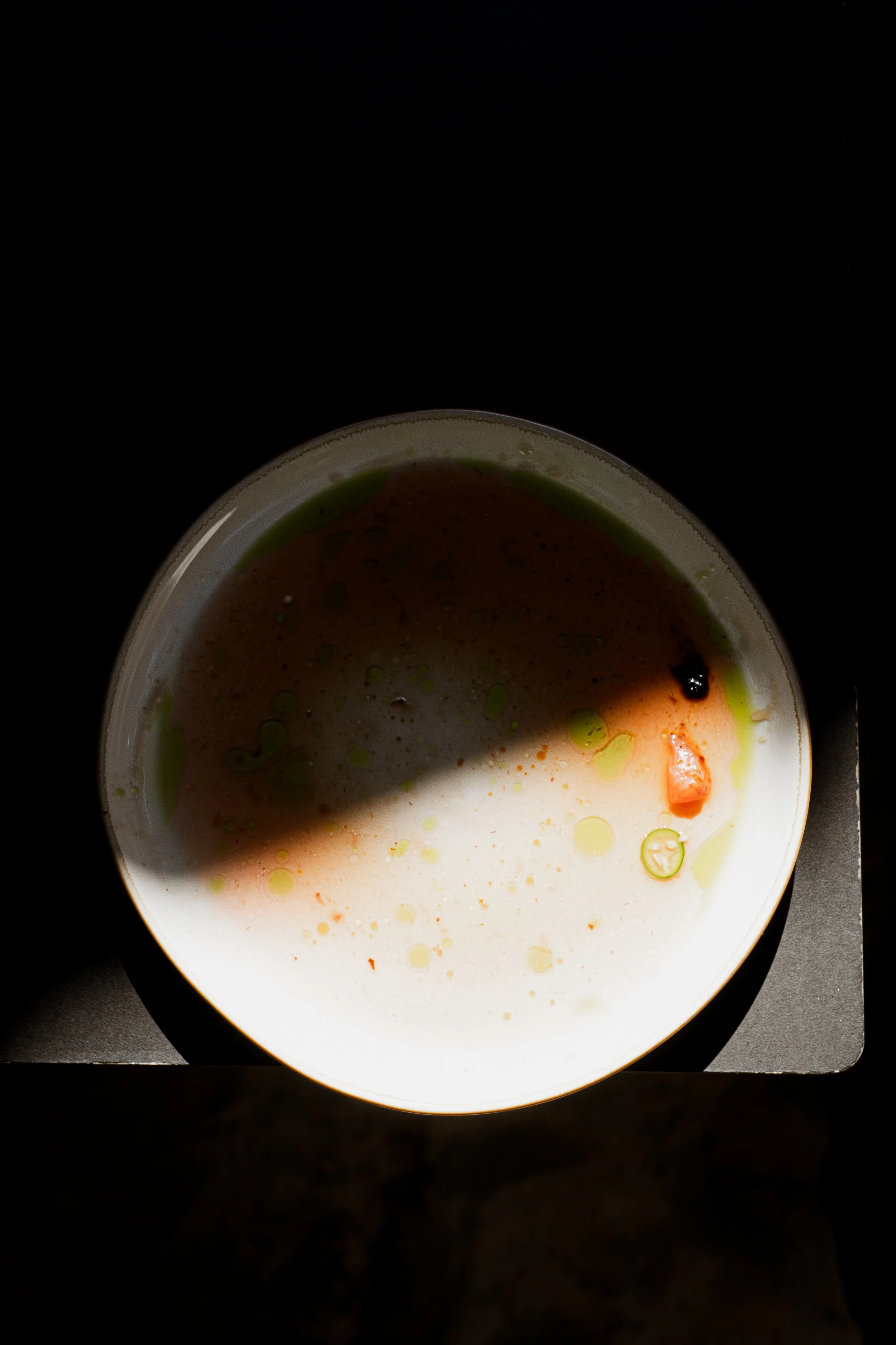 Minimal Japanese-inspired plate with delicate sauces and shadows at REMU matcha and sushi bar in Tulum.