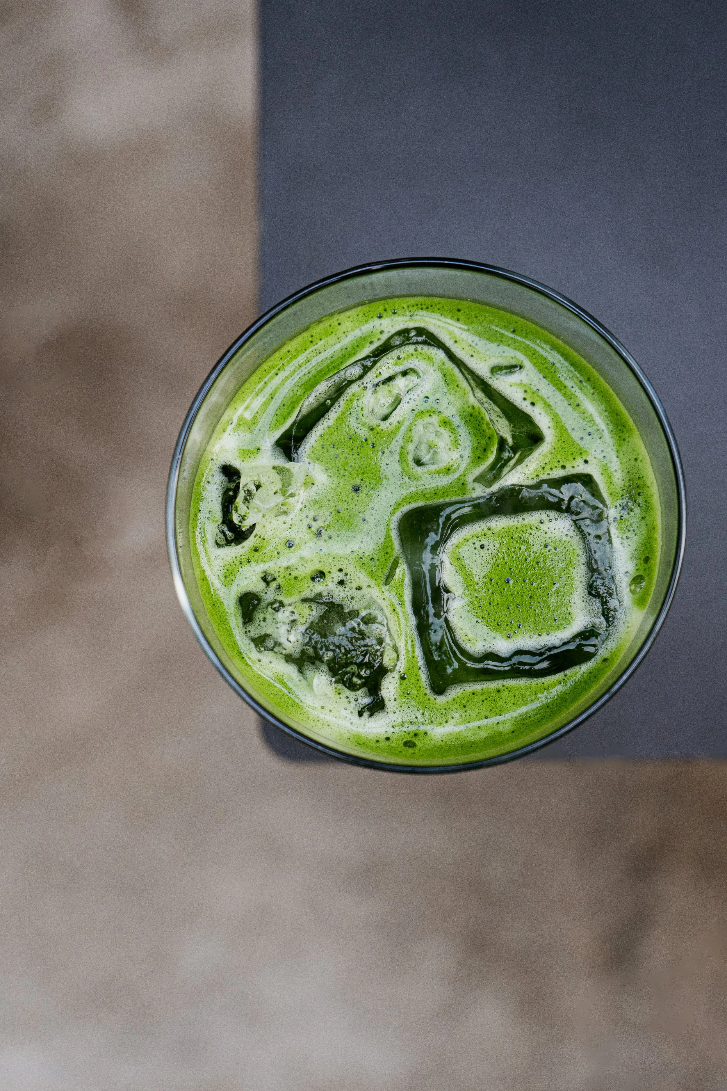Top view of iced ceremonial grade matcha served at REMU matcha and sushi bar in Tulum.