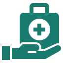A hand holding a medical briefcase with a cross symbol