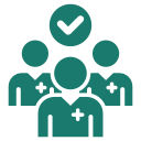 Icon of three healthcare professionals with a checkmark above them