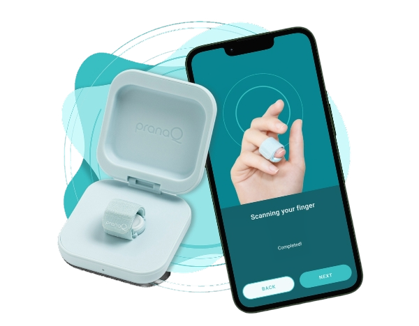 Smartphone displaying a finger scanner app with a finger on a small device, next to a white case with a roll of reusable water-activated film inside.