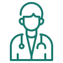 Outline of a person wearing a lab coat and glasses, possibly a healthcare professional or scientist.