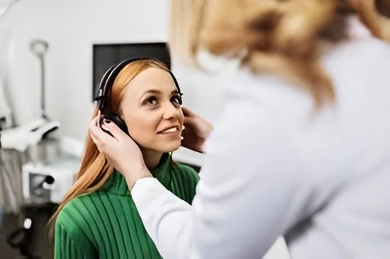 A woman wearing a green sweater and headphones smiling at a healthcare professional.