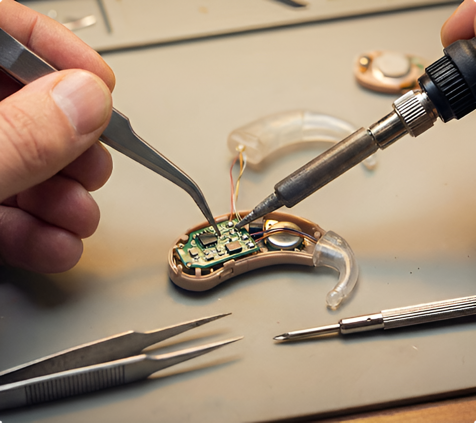 A person repairing a hearing aid using precision tools on a workspace.