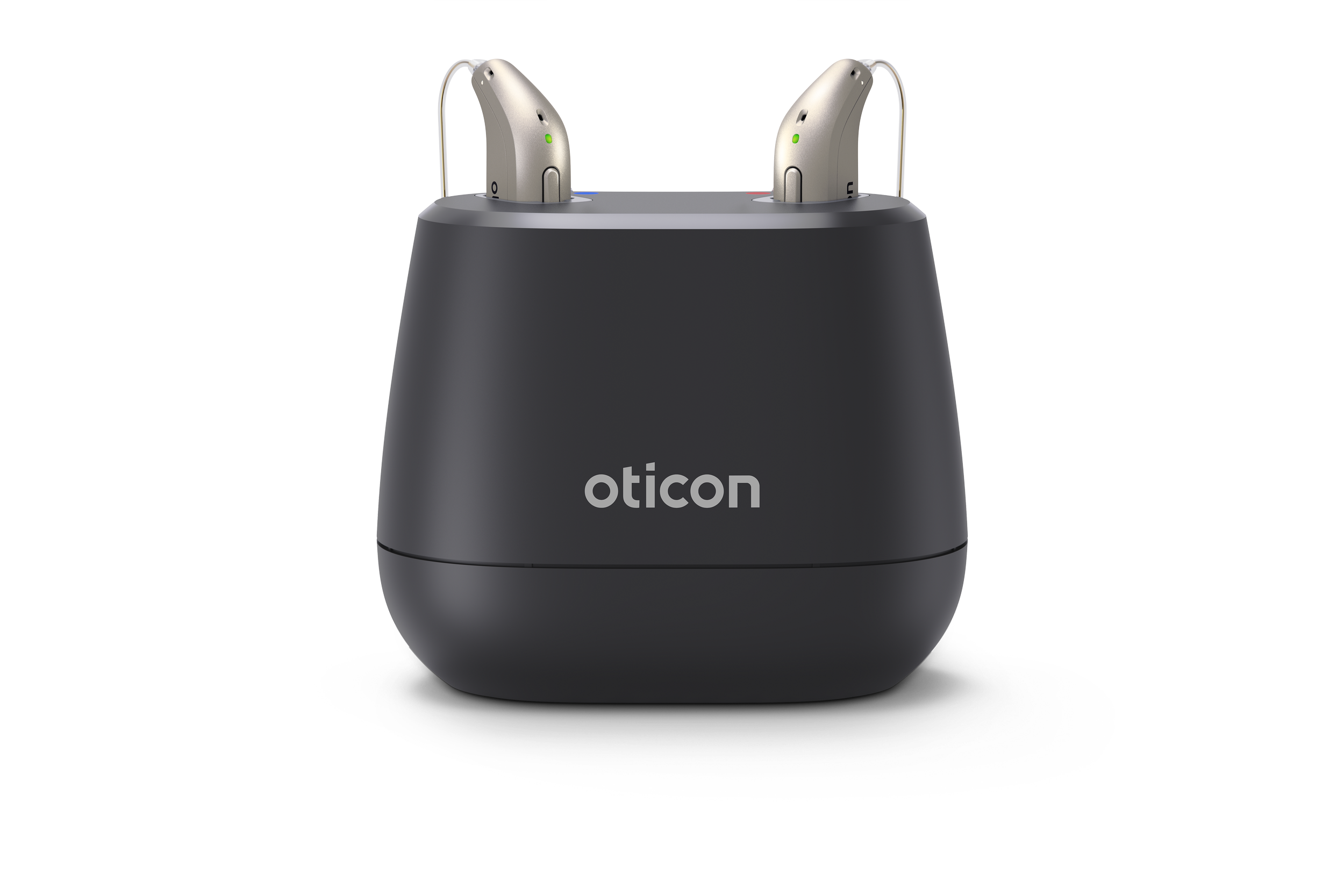 Black Oticon hearing aid charger with two charging ports, each with a hearing aid placed inside.