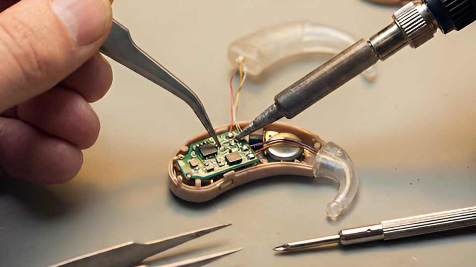Close-up of a person's hand using tweezers and a soldering iron to repair or assemble the internal electronics of a hearing aid, which is open to reveal circuit boards and wiring.