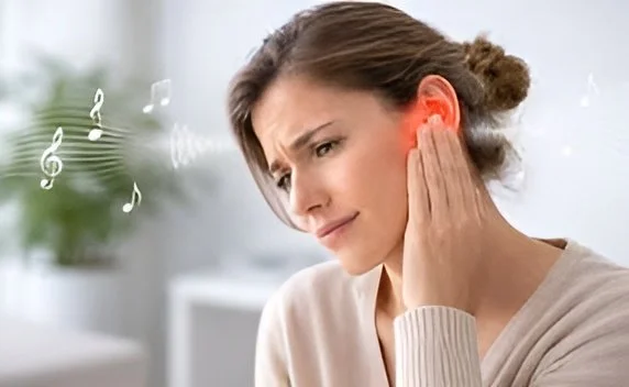 Woman holding her ear in discomfort, with musical notes around her head indicating hearing as if she is experiencing ear pain or noise sensitivity.