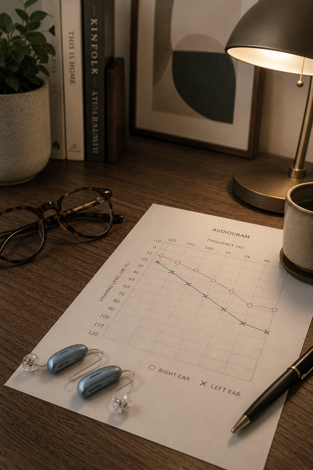 A desk with a pair of glasses, a hearing test audiogram, and hearing aids, with a lamp, framed art, books, a plant, a coffee cup, and a pen surrounding it.