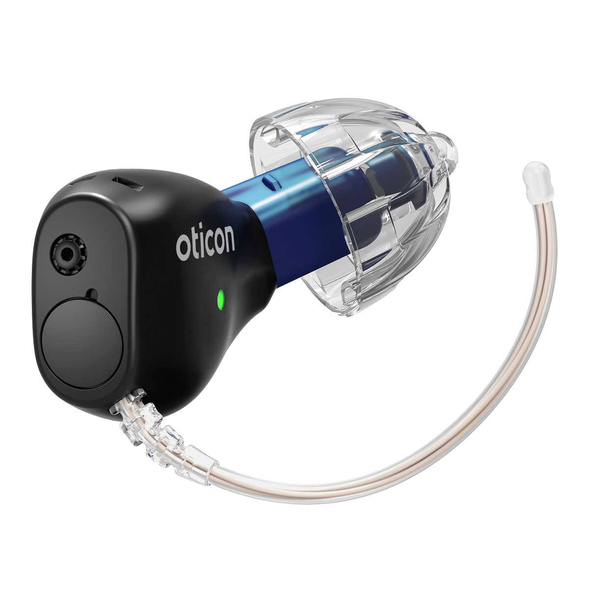 Close-up of Oticon cochlear implant with external microphone and processor unit.