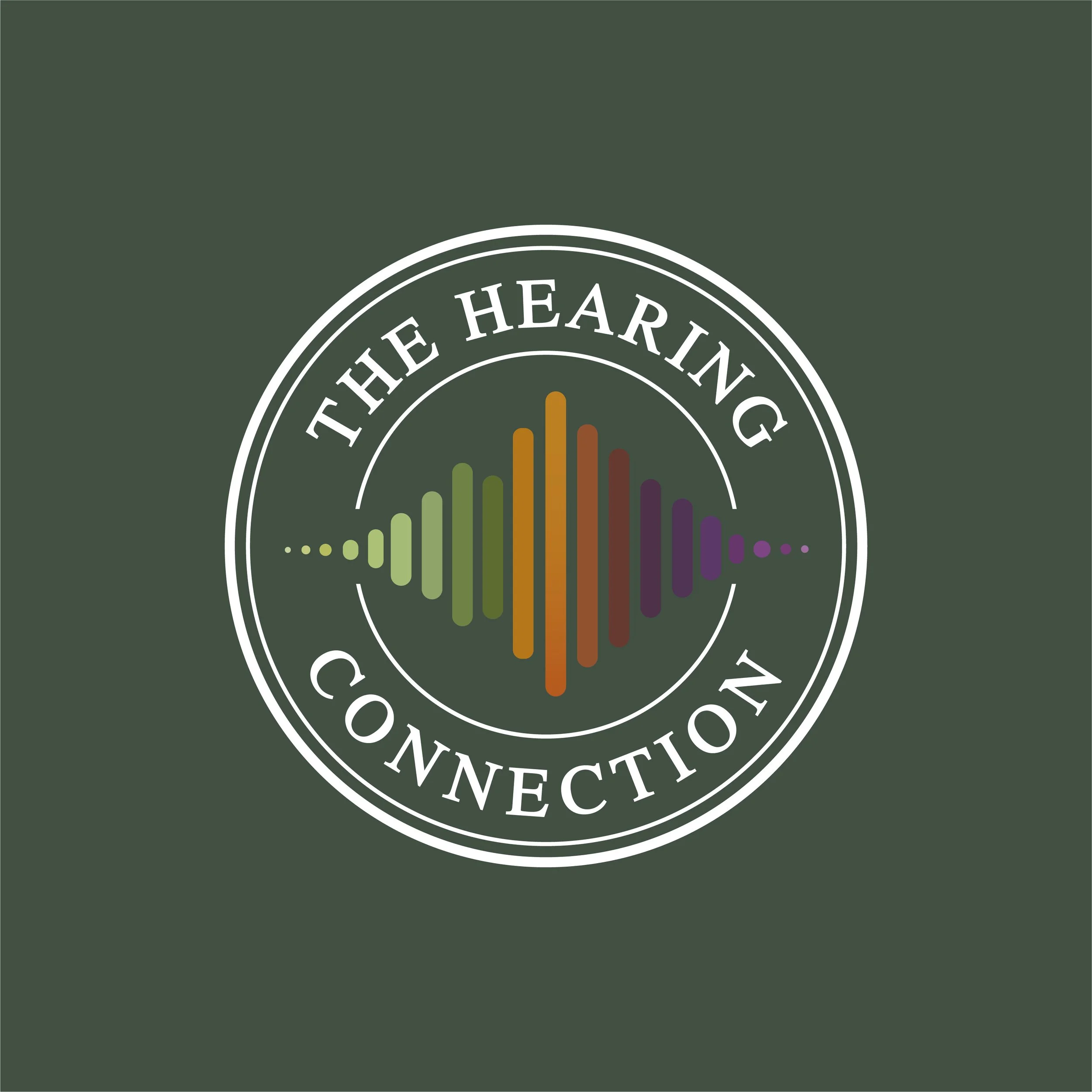 Close-up of a logo with a circular design and the words 'The Hearing Connection' partial visible, set against a dark green background.