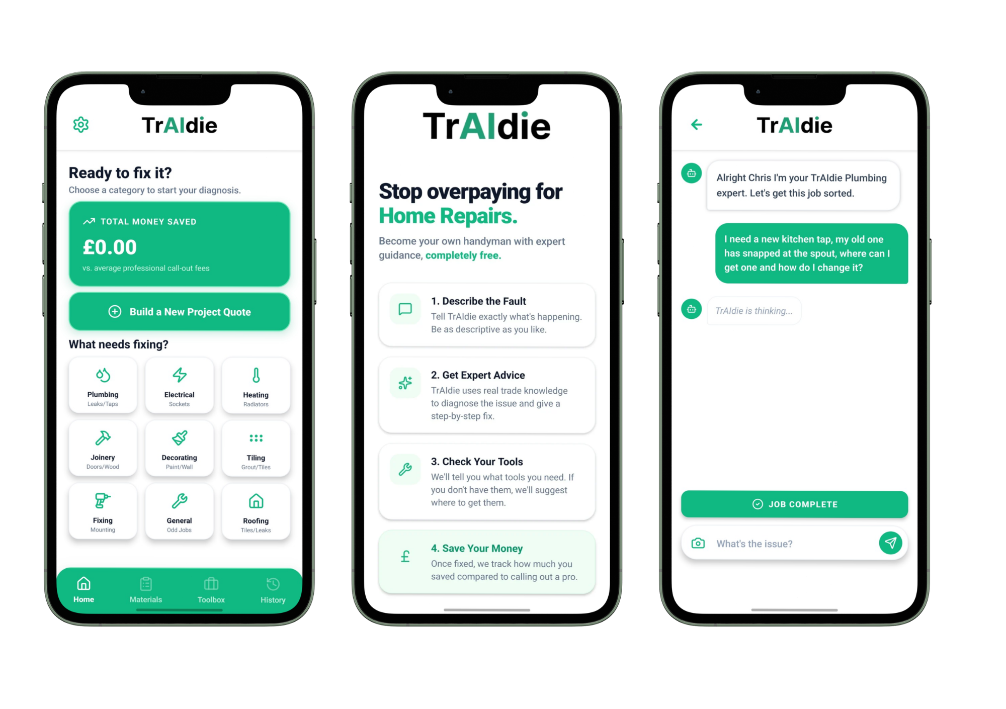 Three smartphone screens showing a home renovation app called TrAlDie, with options to diagnose home repair issues, get advice, and chat with a plumber.