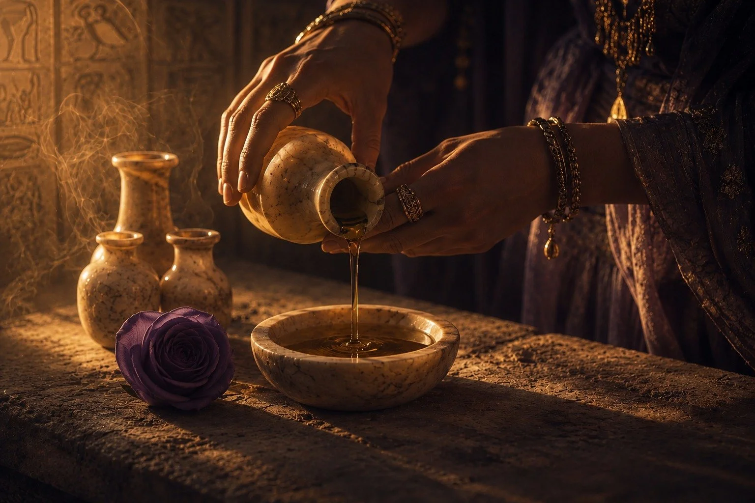 Mains versant une huile dorée d'un vase d'albâtre dans une coupe de pierre, devant un mur de hiéroglyphes