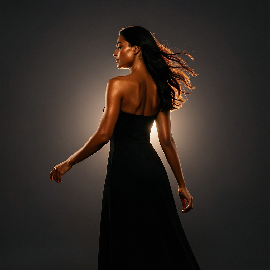 A woman in a strapless black gown with long, flowing hair standing against a dark background with a backlight