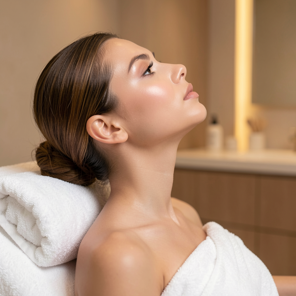 A woman with smooth, shiny skin and styled brown hair resting with her face tilted upward in a spa or salon setting.