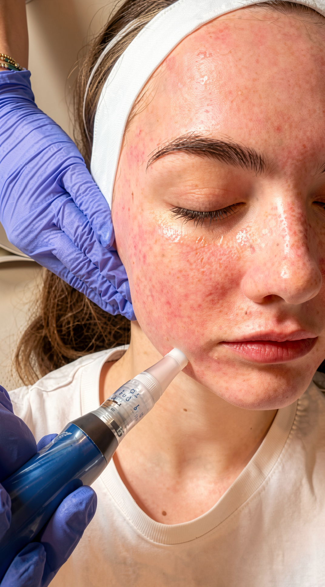 A woman with acne or rosacea on her face is receiving a facial treatment using a microneedling pen VAMP PRP applied to her cheek, while a person wearing purple gloves holds the device.