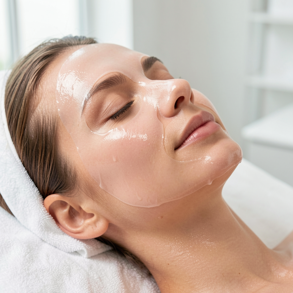 A woman receiving a facial treatment, lying down with a clear mask on her face inside a spa or skincare clinic.